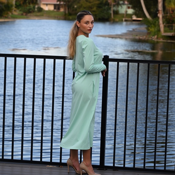 DEVORAH'S SECRET Seafoam Green Modest Midi Dress 100% Cotton - Picture 2 of 3
